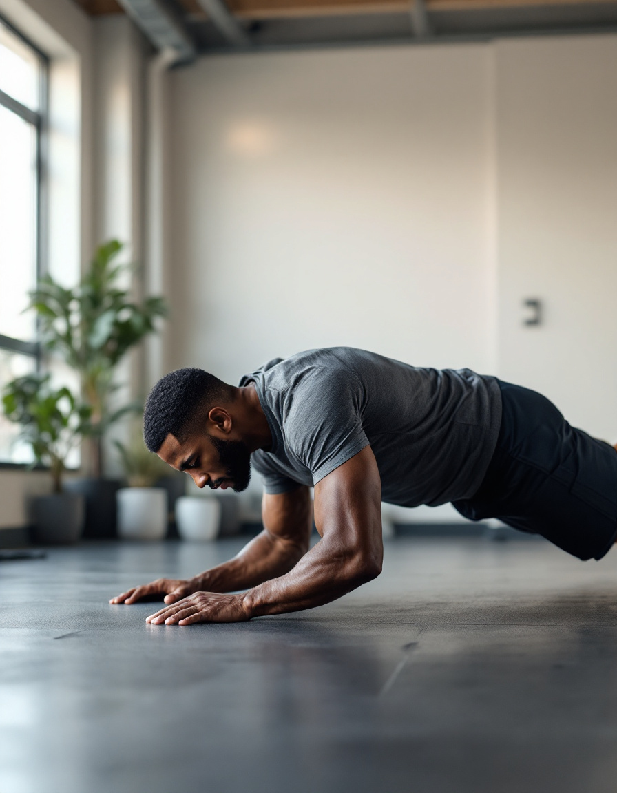 Man doing a push-up in a bright studio during a mens health workout